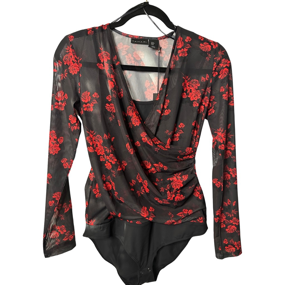Women's Tahari Black Red Floral Mesh Long Sleeve Bodysuit S - Picture 4 of 6